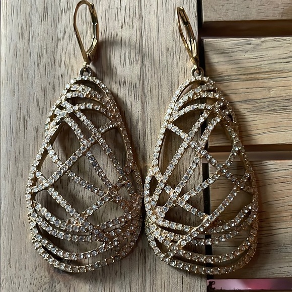 Vintage ABS by Allen Schwartz Gold and Clear Crystal Teardrop Earrings - Picture 1 of 6